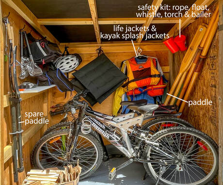 Kayaking equipment is kept in the bike shed